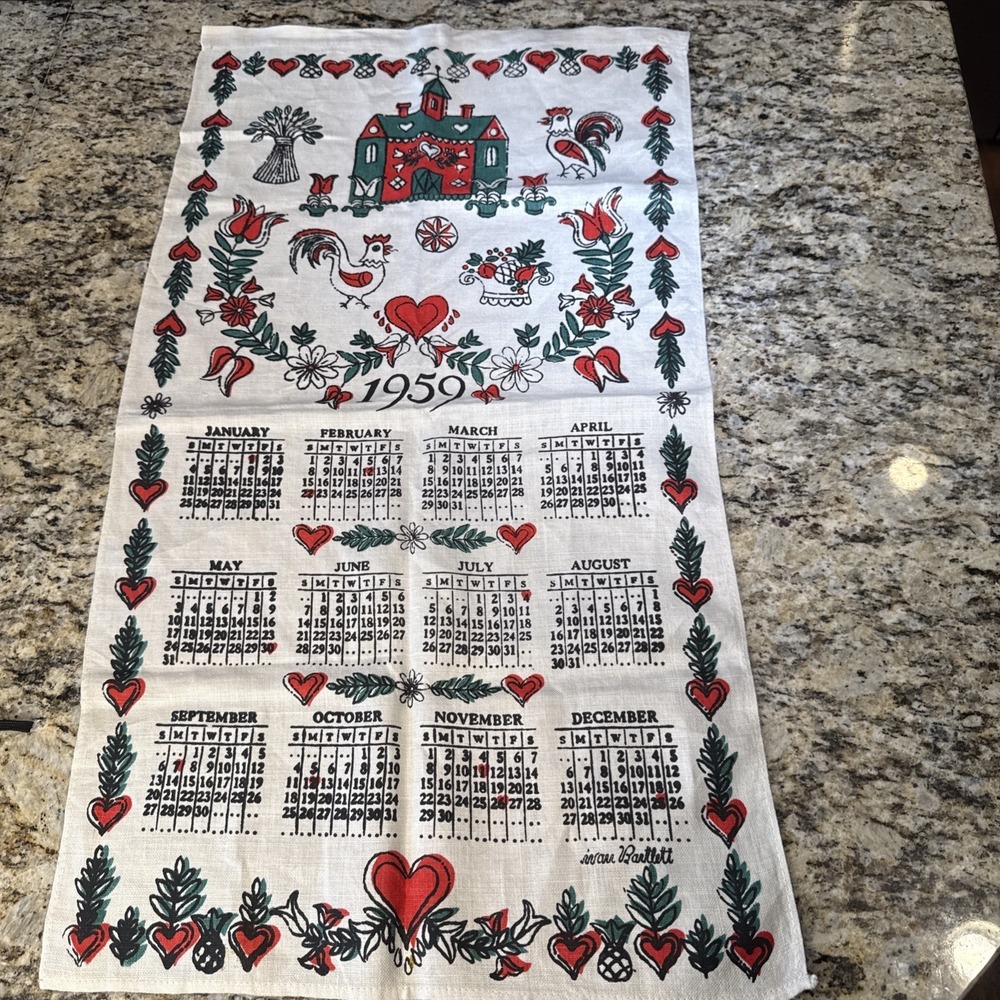 Vintage 1959 Calendar Tea Towel Western Farmhouse Cottagecore Bartlett